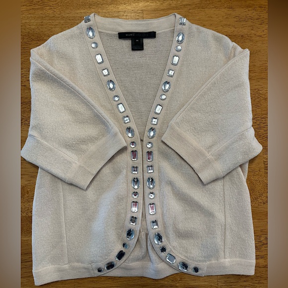 Marc Jacobs Cream Wool Short Sleeve Cropped Cardigan Jewel Detailing Size Medium - Picture 2 of 9